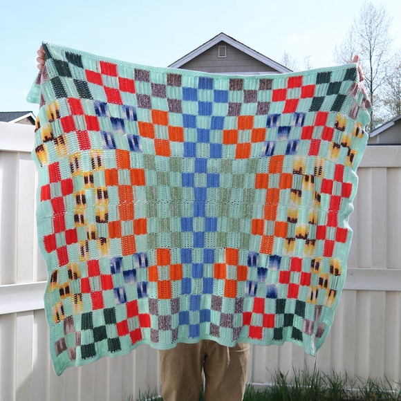 Vintage Other - Vintage mint green blue multicolor checker print crochet knit afghan blanket